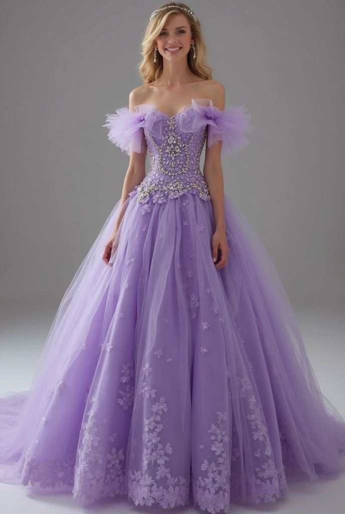 A basic long purple dress, open in front, with white crystal details and white flower designs, wearing purple gloves with silver flower root details, a person using it from the front