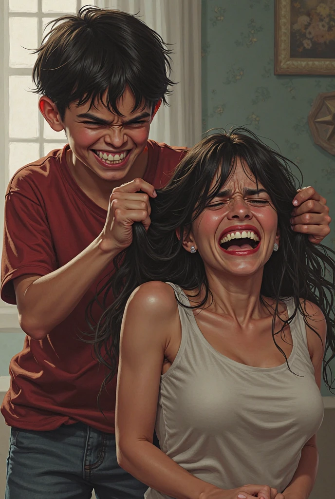 A girl, pink panties, angry expression, slap a boy, in tbe toilet