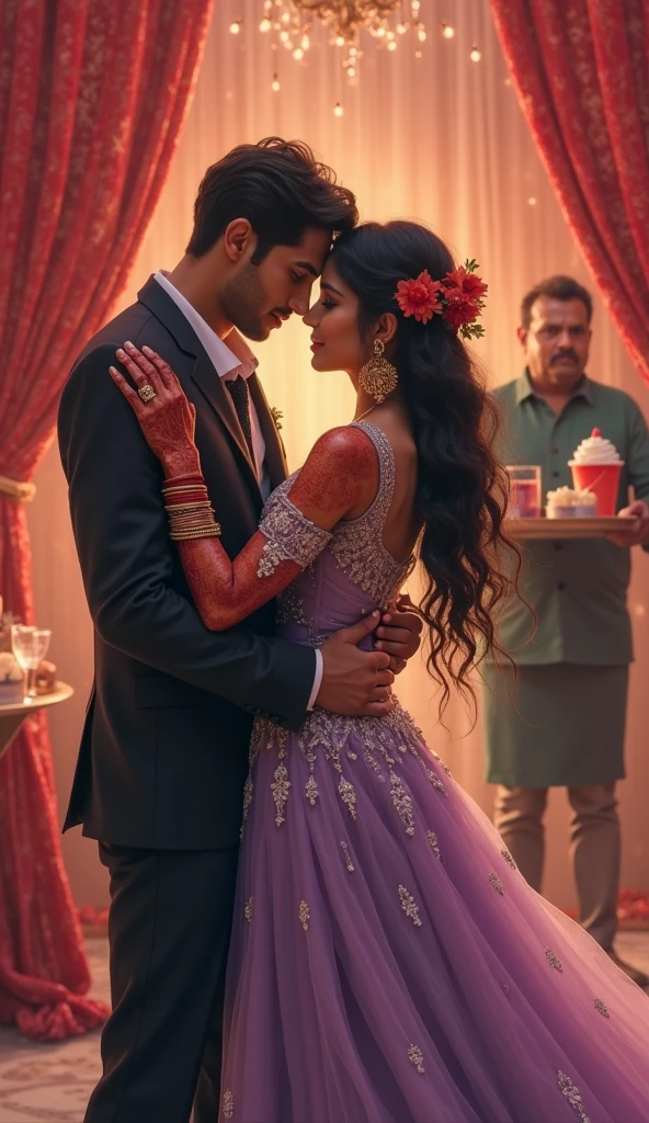 (masterpiece, top quality, best quality, official art, beautiful and aesthetic:1.2), a Pakistani couple in traditional wedding dress kissing in the park, extreme detailed,(abstract, fractal art:1.3), (purple_eyes:1.1),(black_hair:1.1), fate \(series\), colorful, highest detailed, fire, water, ice, lightning, snow and frost, light_particles, ghost, (splash_art), jewelry:1.4, <lora:ink-0.1-3-b28-bf16-D128-A1-1-ep64-768-DAdaptation-cosine:0.8> ,  scenery, ink, <lyco:GoodHands-beta2:1.0>