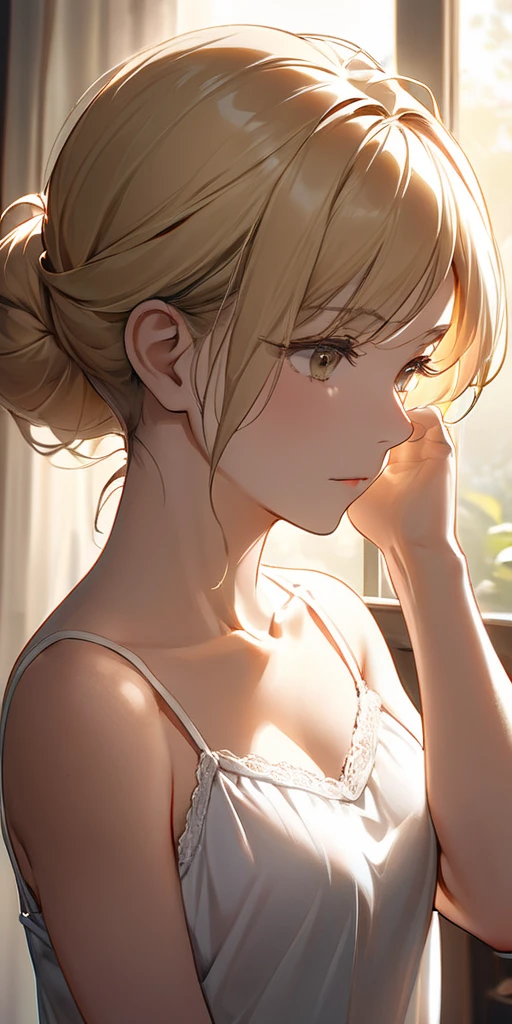 ((monochrome))、((line art))、NSFW、Close-up of a face with eyes closed in surprise、Married woman alone、wildly tousled hair、Surprised blushing expression、40-year-old adult woman、She has medium golden blonde hair tied up.、adult red lips、The nape of the neck is exposed、She is wearing a sleeveless dress that exposes both shoulders.、Distracting、Immoral background with only lamp light source、naked body is wet、anatomically correct appearance、Biologically correct appearance、