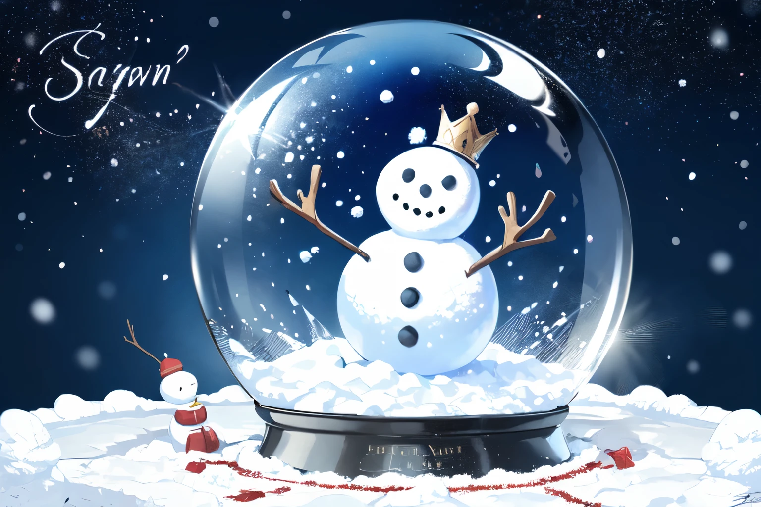 - People's room, snowman,  crown, english text, signature, smile, snow, crystal ball on blue background,