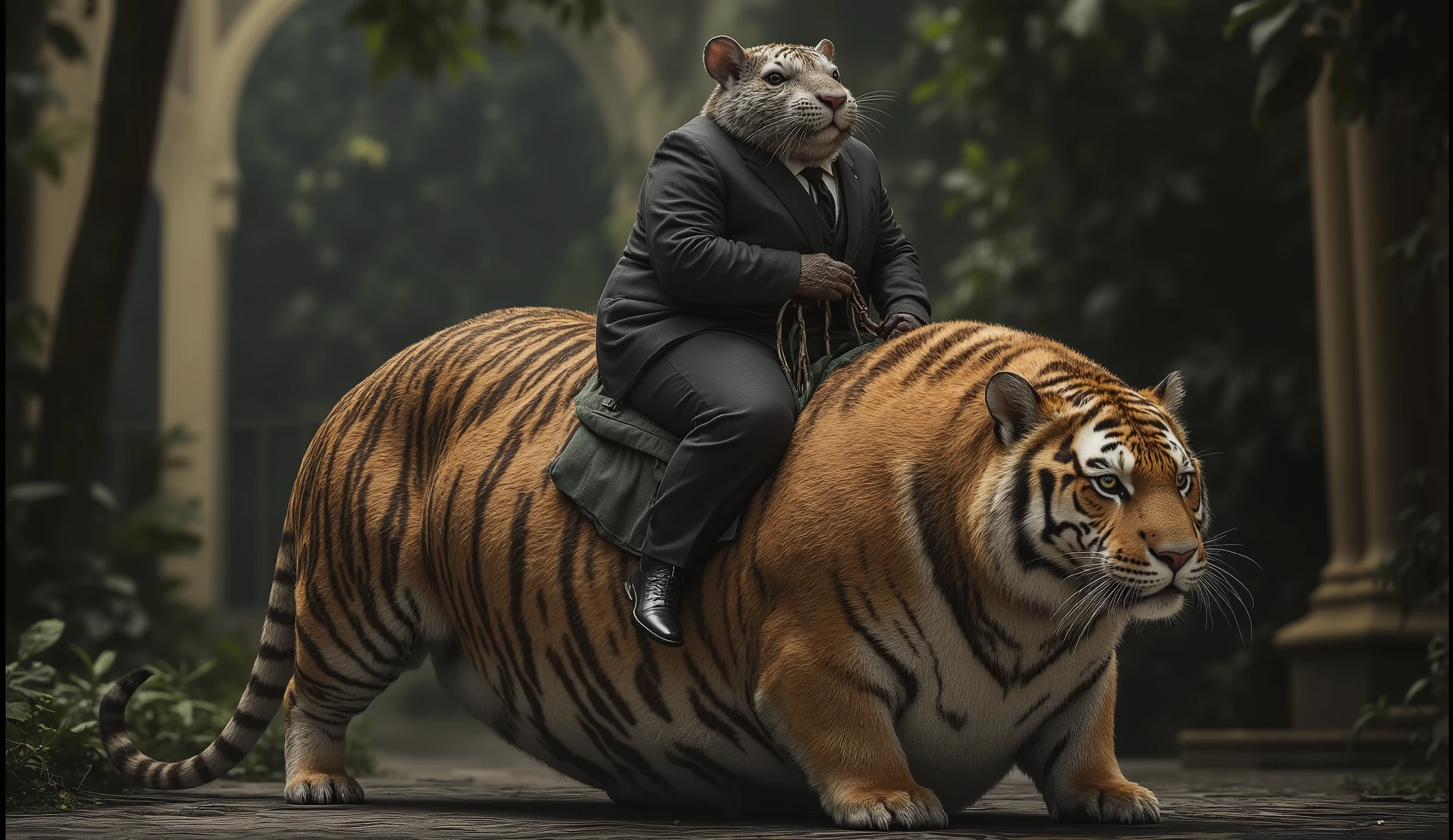 "A humanoid rat with sleek gray fur, dressed in a dark, elegant suit, rides atop a majestic tiger. The rat sits confidently, gripping the tiger’s fur or holding reins, exuding an air of control and dominance. The tiger is muscular, with lifelike fur patterns and piercing eyes, walking with powerful strides. The background features a misty jungle or a grand, dimly lit hall, adding to the dramatic atmosphere. The lighting is realistic, highlighting the textures of the rat’s fur, the tiger’s stripes, and the details of the rat’s attire."