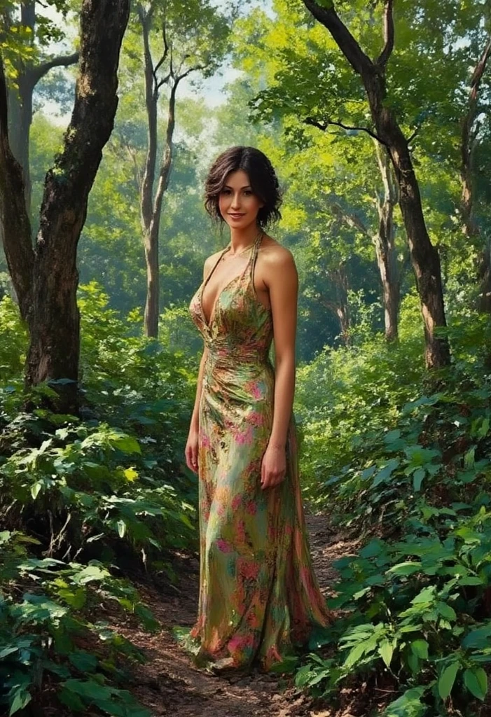 (ultra-detailed,highres:1.2),Angelina Jolie as an elf in a green combat suit,with exquisite beauty, pointy elf ears, under the soft moonlight in the enchanted forest. Surrounding her are mythical beasts with wet fur, casting a silhouette of a camel with a magical touch. The purple twilight sky adds an ethereal ambiance to the scene, enhanced by the gentle glow of the moo(focus on eyes), green eyes