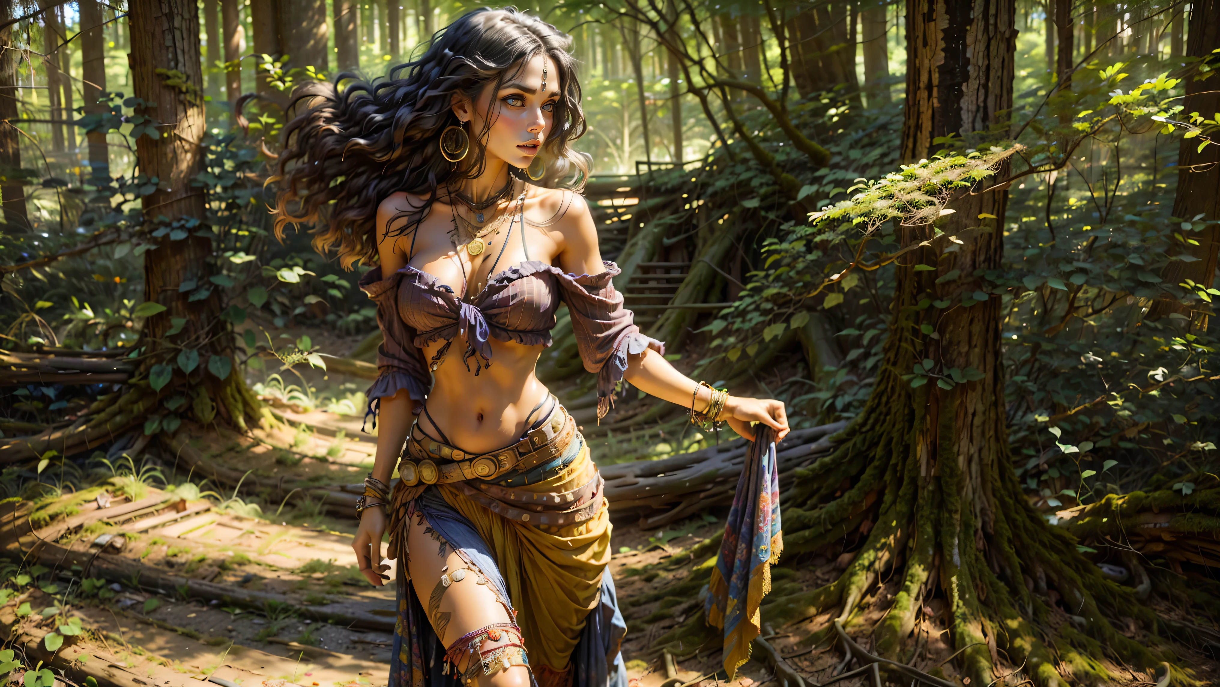 ((1girl, solo)), ((realistic)), Gypsy girl walking in the Louisiana swamp, , young girl, cute girl, fit, ((rear view looking back)), ((ass)), ((skinny)), ((small hips)), ((hair hanging straight down)), ((dark hair)), ((loose top)), midriff, ((top loosely draped over her breasts)), ((can see her breasts through her top)), looking at viewer, sexy, skirt low on hips, cowboy shot, (full body portrait), beautiful lips, sexy mouth, ribbons, beads, bangles, upper body, dark-eyed, bangs, ribbon, bayou, sunlight just leaking through, walking on wooded trail,