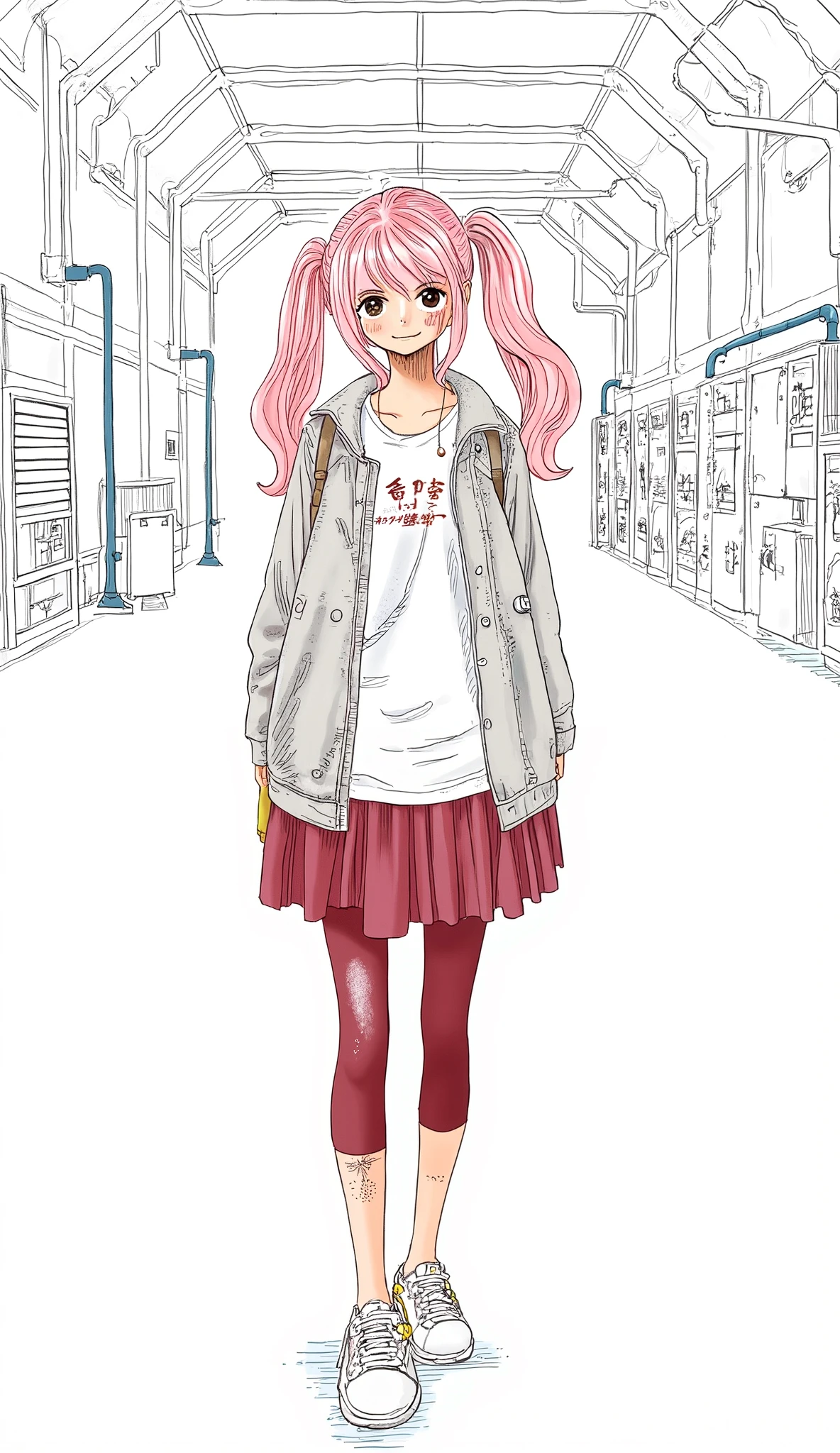 girl、background is stark white、on3pi3c3styl3、ground、pastel collar、(biologically correct human body structure:1.6)、 detailed hands、 Details、Perfect piece、high quality、32K、Alone、 alone、Semi-realistic、detailed eyes、detailed faces、( full shot without being short:1.6)、Big Breasts、cartoon dress character design、perfect face、Beauty、 detailed illustrations 、Fine Lines、 nice smile、shame、Portrait Photography、cool beauty、((pink)hair、twin tails、long hair、(gray) jacket、(white) t-shirts、(red)tight skirt with juniors、(Sneakers)、 Situation =weapons warehouse