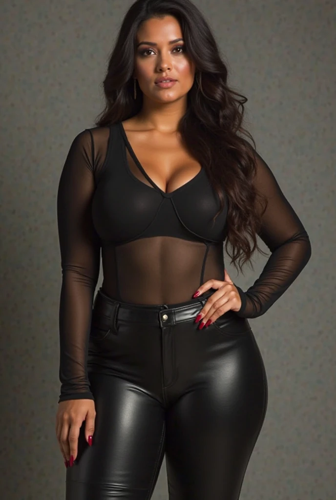 Mixed black ethnicity, curvy girl , wearing long white shirt with black corset and black tights , long hair