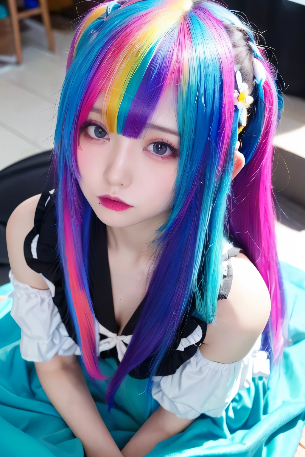 (8k, RAW photo, best quality, masterpiece:1.2),nsfw, Cyan, and purple, (( her colorful hair is gathered in a high position、Various hair colors:1.3))