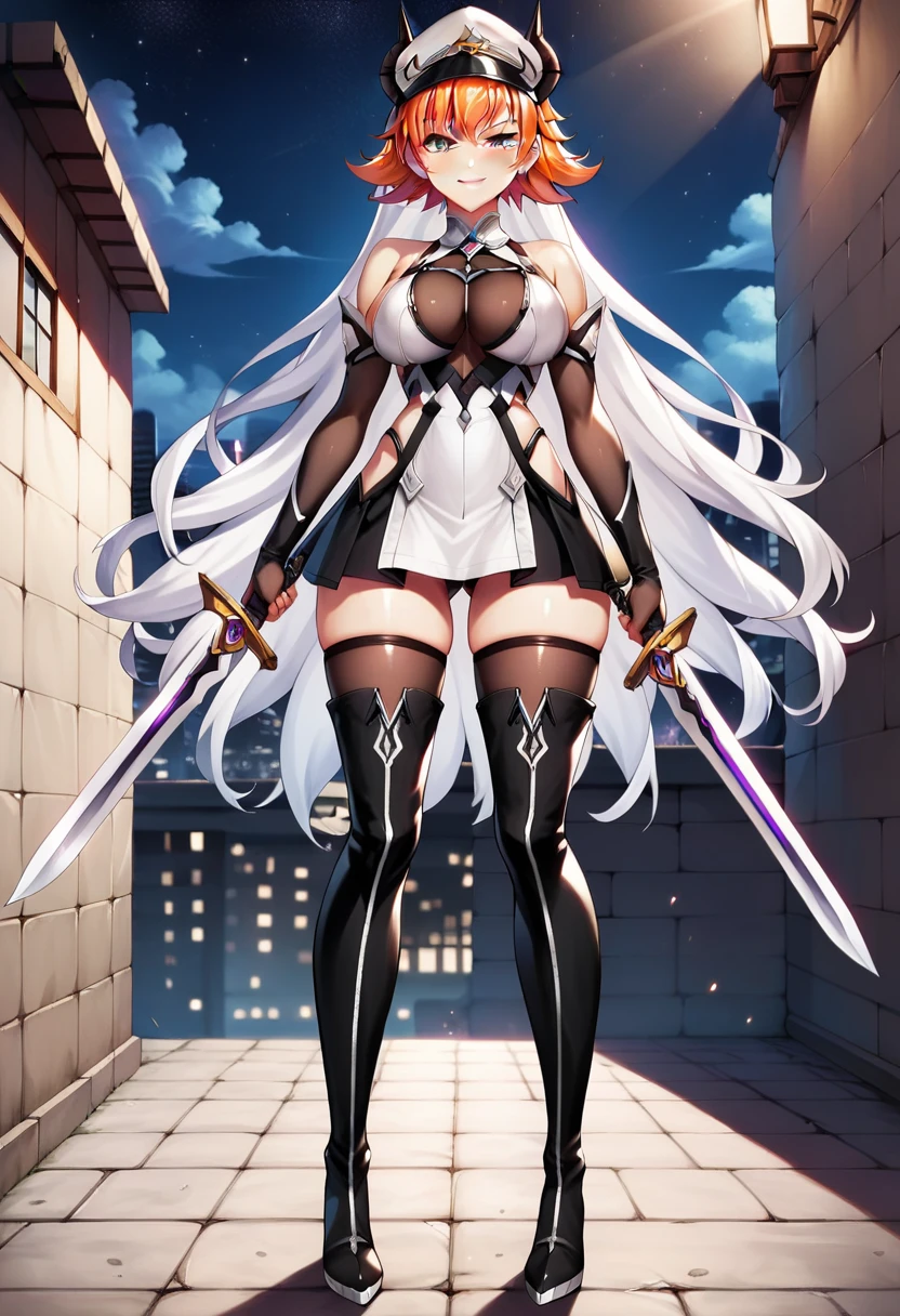 1girl, white hair, long hair, large breasts, breasts, wide hips, green eyes, smile, bodysuit, red bodysuit, black thighhighs, thighhighs, green trim, sleeveless, black pantyhose, pantyhose, futuristic, tech, science-fiction, full body, ((full body)),