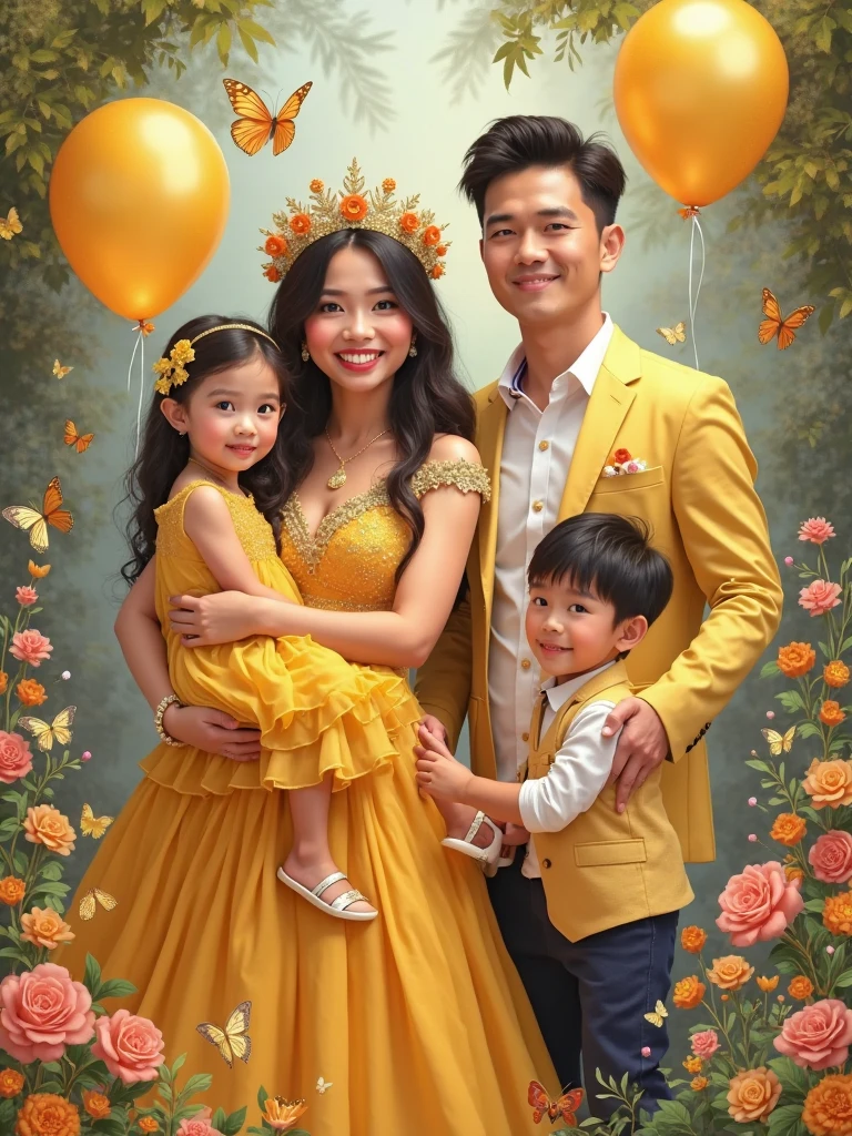 Real Pinoy family pictorial with women ballgown yellow currying baby girl 1 year old with ballgown yellow .and Man handsome with attire .and boy with attire . with flowers baloons butterflies