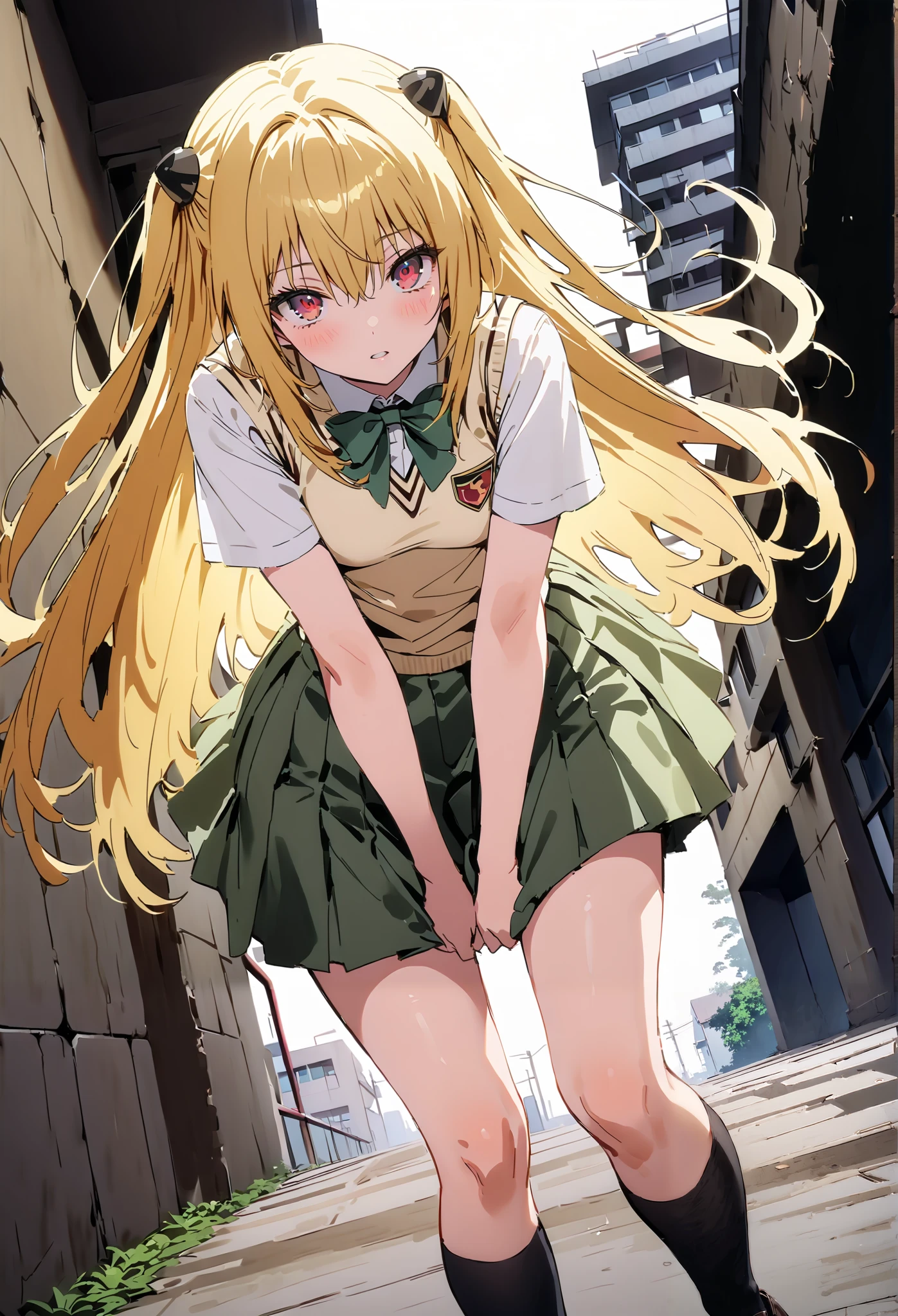score_9, score_8_up, score_7_up, source_anime,
toloverudarkness, darkness, yellow hair , long hair, red eyes, hair ornaments close to the garden, two side up,
Sainan school uniform, shirt, white shirt, bow, green bow, skirt, green skirt, pleated skirt, short skirt,sweater , light brown sweater vest, short sleeve,Black socks,loafers, skirtタグ, eyelashes skirt tug, skirt, Lift of the Wind , mad at my anal,close your mouth, staring at you,angle from below,noon,full bodyがイラストに入るように, break outdoors, School building,
break looking at viewer,full body,
break (masterpiece:1.2),Highest quality , kampala, Unity 8K Wallpaper ,(shape:0.8),( fine, beautiful eyes :1.6),It's a person ,full body写真,CG Details , ( perfect hands, complete anatomy),