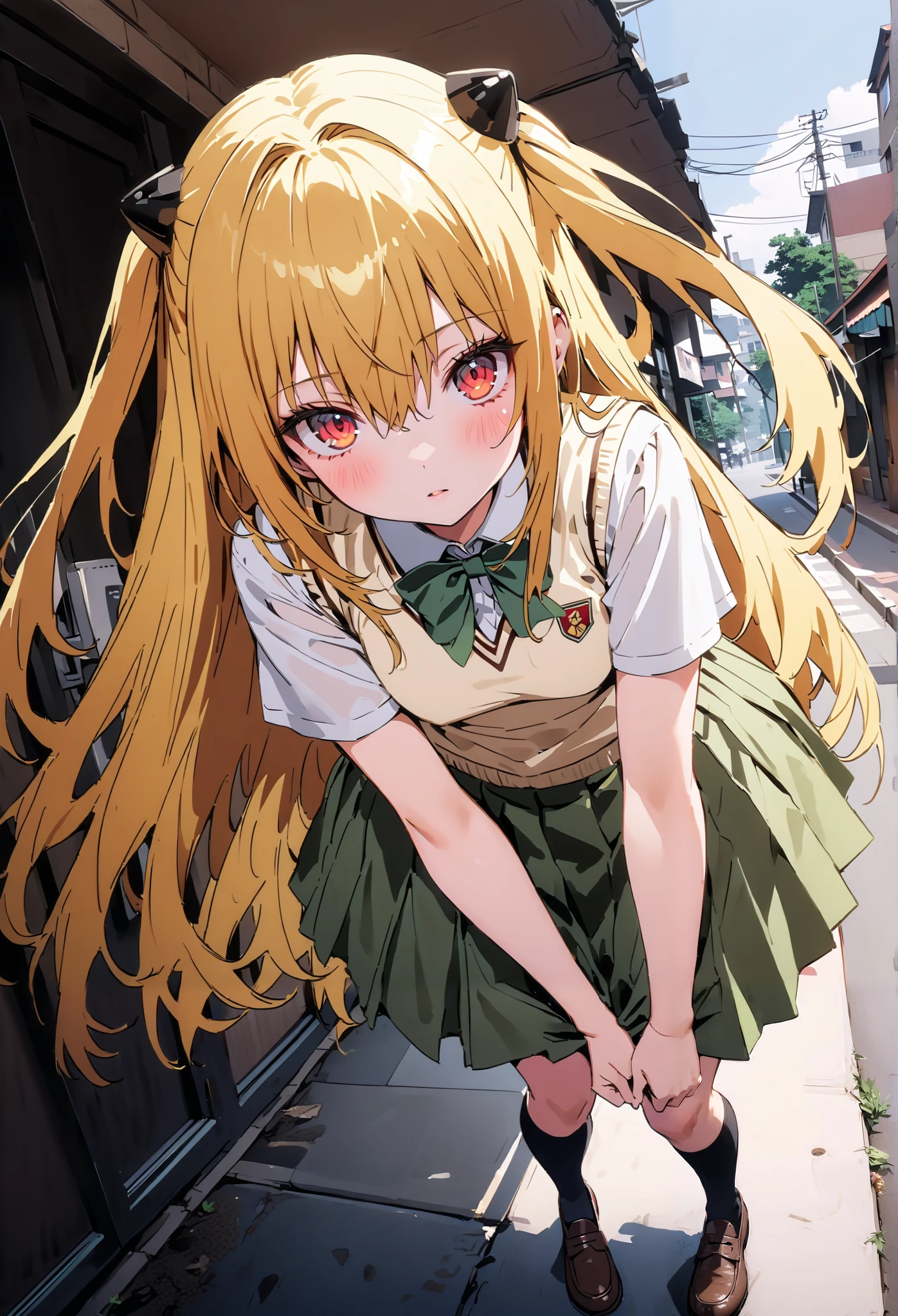 score_9, score_8_up, score_7_up, source_anime,
toloverudarkness, darkness, yellow hair , long hair, red eyes, hair ornaments close to the garden, two side up,
Sainan school uniform, shirt, white shirt, bow, green bow, skirt, green skirt, pleated skirt, short skirt,sweater , light brown sweater vest, short sleeve,Black socks,loafers, skirtタグ, eyelashes skirt tug, skirt, Lift of the Wind , mad at my anal,close your mouth, staring at you,angle from below,noon,full bodyがイラストに入るように, break outdoors, School building,
break looking at viewer,full body,
break (masterpiece:1.2),Highest quality , kampala, Unity 8K Wallpaper ,(shape:0.8),( fine, beautiful eyes :1.6),It's a person ,full body写真,CG Details , ( perfect hands, complete anatomy),