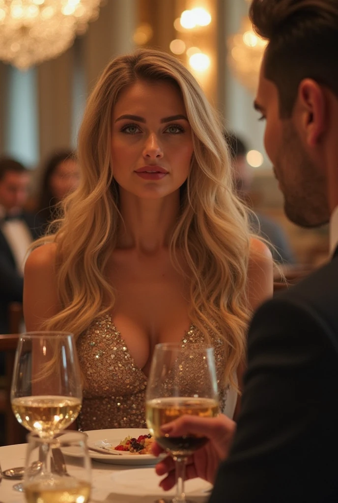 A blonde woman with a low-cut top is sitting alone, engaging in a conversation as if speaking to someone off-camera. She is confident and composed, with a stylish and slightly revealing outfit. The setting is neutral, focusing on her as the central figure, with a simple background that emphasizes her presence and the casual yet captivating nature of the scene
