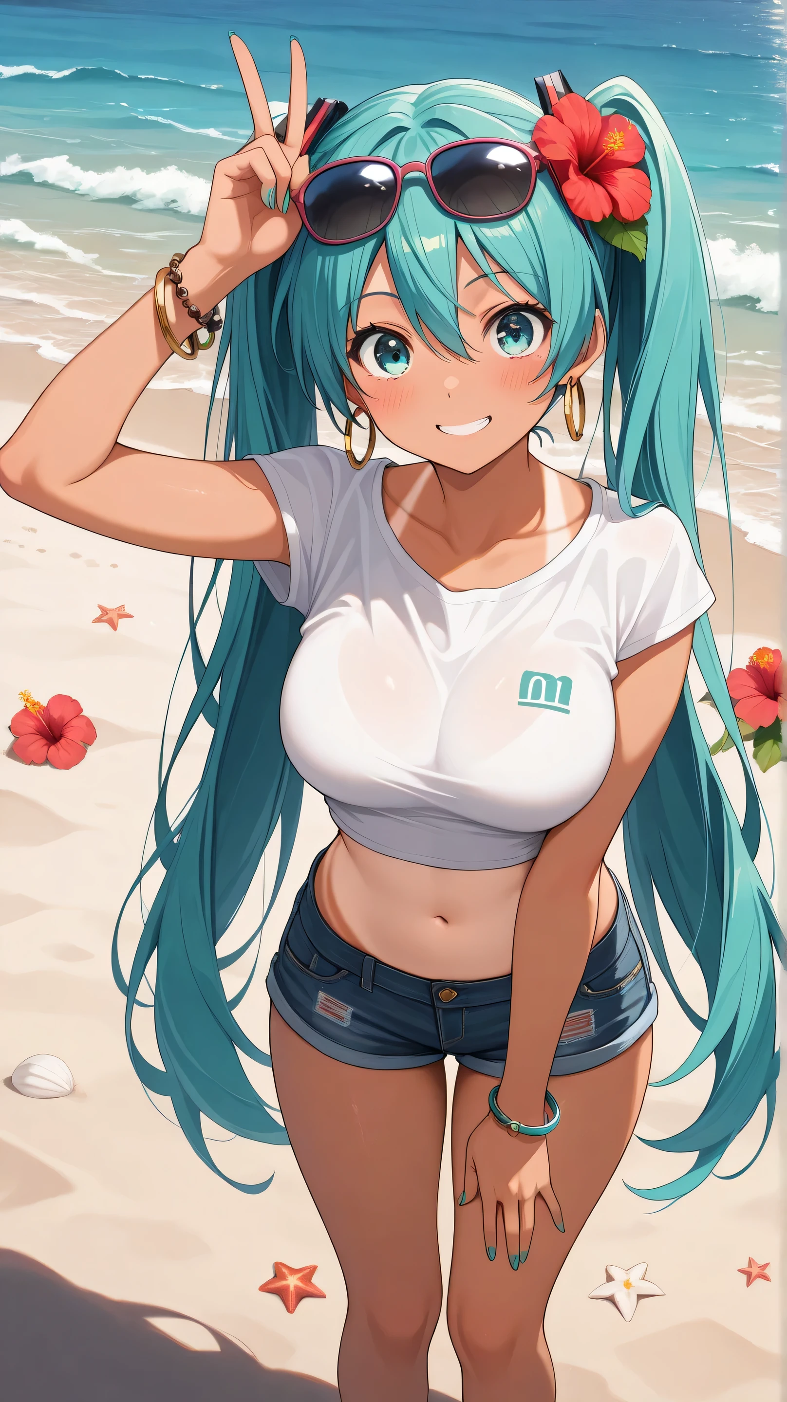 (masterpiece), best quality, expressive eyes, perfect face, 1girl, tan, tanlines, eyewear_on_head, breasts, solo, jewelry, twintails, sunglasses, navel, shorts, long_hair, flower, bracelet, hair_ornament, hair_flower, smile, hatsune_miku, v, looking_at_viewer, large_breasts, earrings, midriff, aqua_eyes, denim, shirt, denim_shorts, aqua_hair, blush, short_shorts, nail_polish, thighs, very_long_hair, crop_top, beach, hoop_earrings, hibiscus, hair_between_eyes, aqua_nails