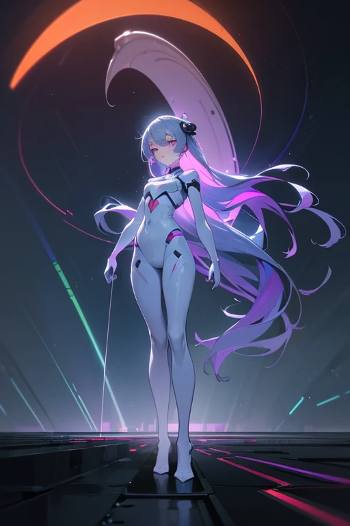 Matrix, Standing in Ship, White hair, Headband, White swimsuit, magenta eye, 19 Years Old, D Cup, Half white jacket,