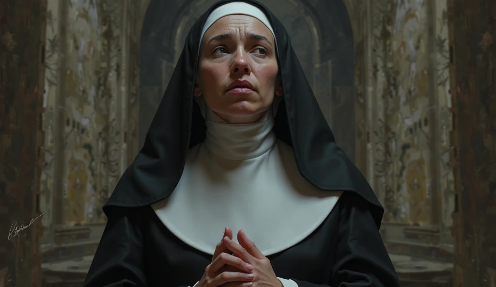 In an engaging YouTube thumbnail, a highly realistic Saint Teresa of Ávila is positioned in the corner, with a softly blurred background that enhances her figure. Her facial features, characterized by a serene and contemplative expression, reflect her deep spirituality and strength. Dressed in a dark, flowing habit with a simple white veil, the focus on her calm demeanor and detailed clothing creates a spiritually inviting atmosphere. The thumbnail’s intricate textures and subtle light draw viewers in, highlighting her role as a mystic and reformer.