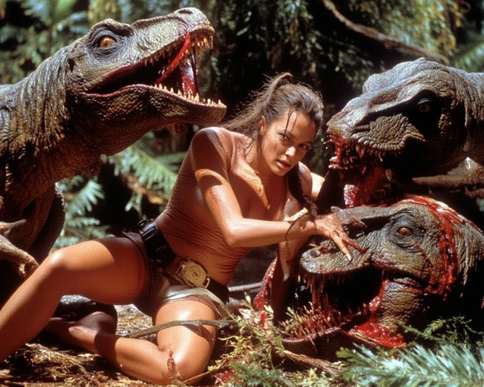 A scene featuring powerful and alluring women in the distinctive style of Boris Vallejo, surrounded by intricately detailed dinosaurs. Capture the dynamic poses, muscular forms, and fantastical elements characteristic of Vallejo's art. Ensure the depiction is rich in detail, with vibrant colors and a sense of fantasy. Explore the contrast between the strength of the dinosaurs and the captivating presence of the women. Suggested themes could include mythical landscapes or epic battles. Colors: bold and vibrant. Suggested artists: Boris Vallejo