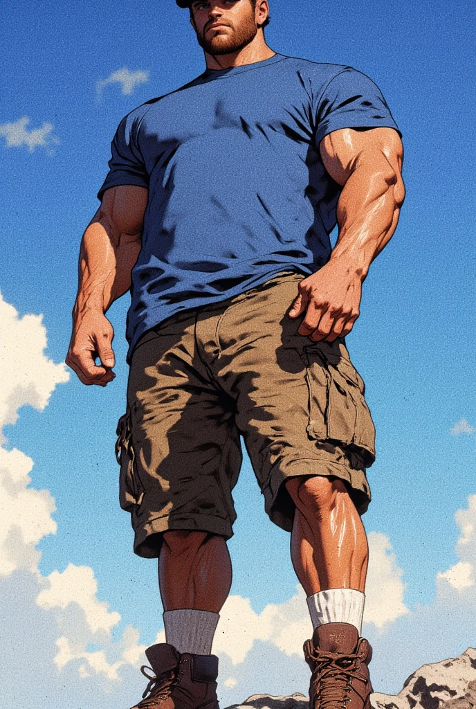 <lora:Sagat&Deliner:0.8> Sagat, side view look, blue short pants, cinematic pose