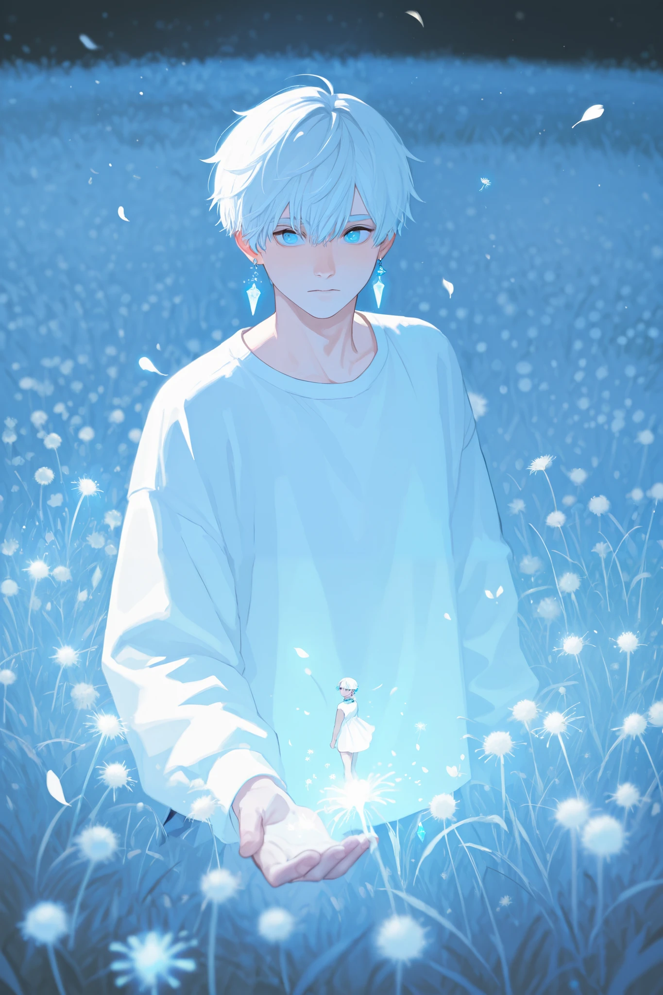 (Two characters)  old boy and a girl with blue eyes, standing in a field felld with white dandelion flowers, with white short hair and wearing only white shirt, (boy) wearing tiny crystal earrings, some few tiny dandelion petals flying around, sketchy, dream aesthetic, glowing light, dramatic.