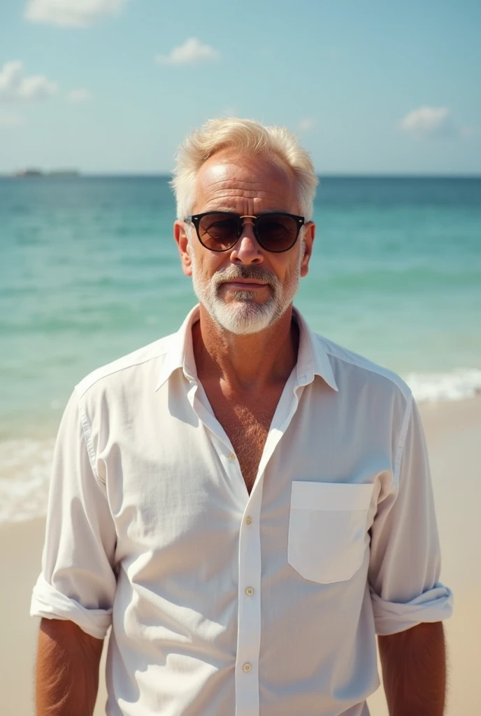 Um homem idoso, 70 anos, bem vestido, He looks in our direction, sentado em um banco, em uma calcada de frente para o mar . por do sol