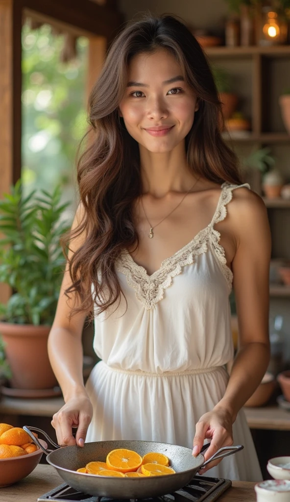 A radiant young woman, taking a selfie from above, is holding a Shein box with a charming smile. She is wearing a summer dress, and the box displays the Shein logo clearly. The background is a cozy home setting with welcoming details, leaving free space at the top and bottom for the inclusion of typography.