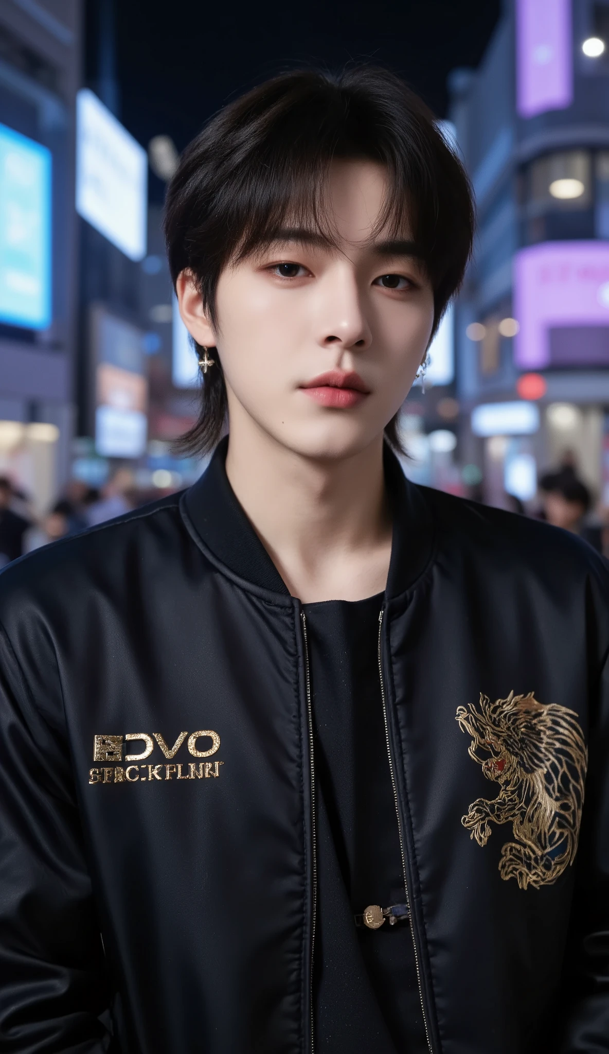 Adjust the face to be more proportionate, using a handsome Korean K-pop male singer as a reference for the face, increase skin fairness further, keep all other elements of the image unchanged: mullet haircut, resembling TOP from BIGBANG more prominently, stylish Korean K-pop idol, rapper style, wearing a large black bomber jacket with subtle luxurious brand patterns featuring a dragon or tiger in gold, cross or skull earrings, set against a nighttime urban backdrop in Shibuya with blue and purple neon lights, cyberpunk vibe, wolf cut or mullet hairstyle.