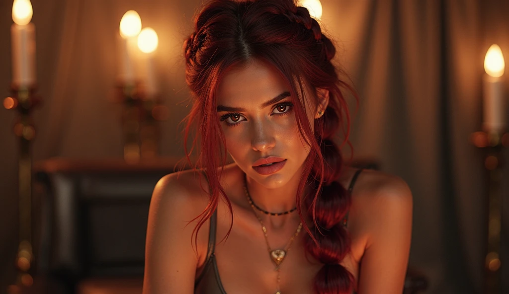  A Striking, confident female model with silky, dark Red hair in a thick, intricately woven rope braid from the back in a dynamic low angle give a  lap dance to viewer
