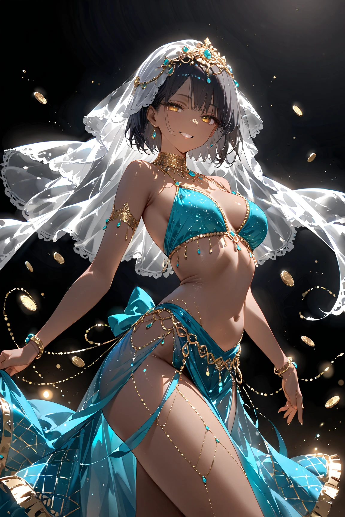beautiful woman, gaudy and beautiful, shining eyes, make-up, charming and seductive look, fascinating belly dance costumes, face veils, accessories, great proportion, 2.5D, delicate and dynamic, everything is of the highest quality, glitter effects, fog effects,