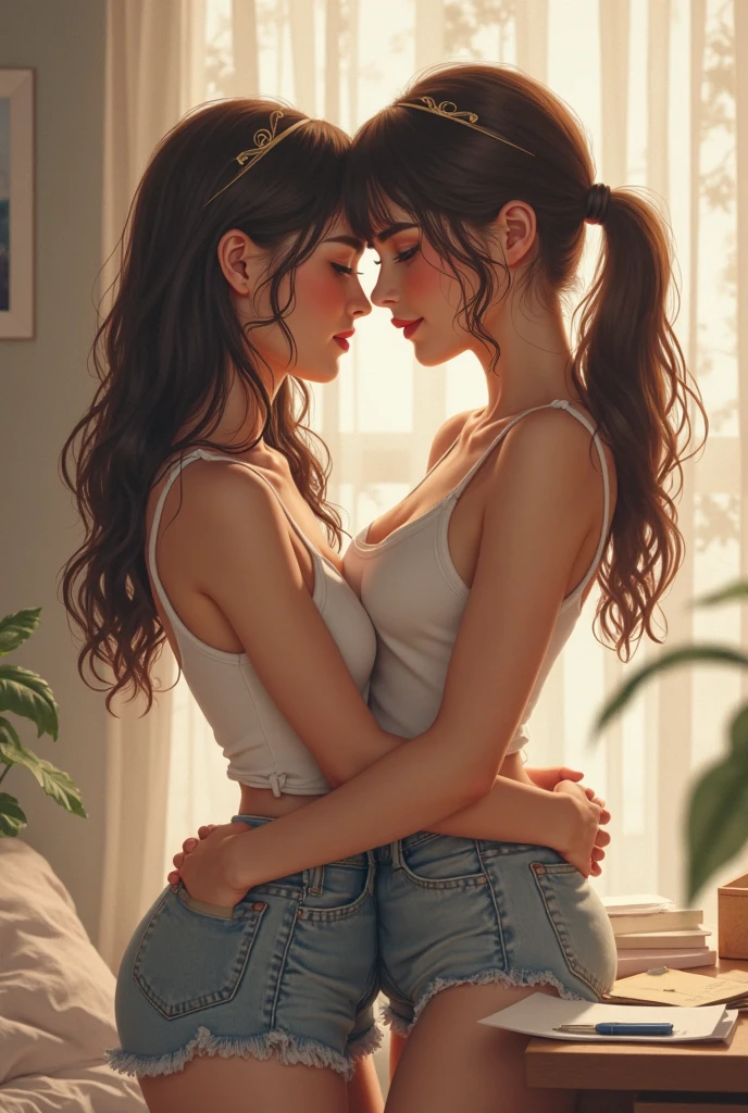 ((masterpiece, best quality)), a woman in a t shirt , looking from the side, with a ponytail, (two heads), (hugging)