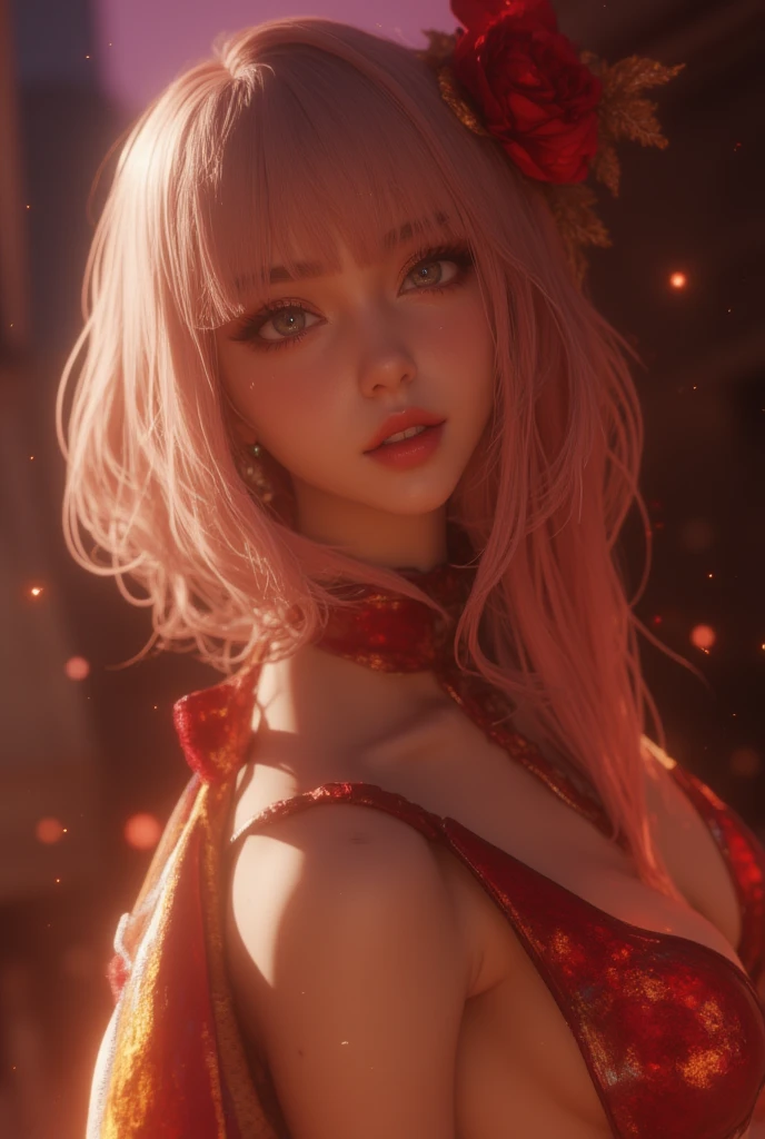 The best piece,Artistically beautiful,Lightning,Final Fantasy 13,FF1 pink blonde,Medium Hair,Light permed hair,Curly hair on one side,Letting down your bangs,A beautiful Blue eyes,beautiful and high nose,santa costume,Santa's Hat,christmas armor,Santa Claus's coat,Use blizzard magic,Photorealsitic,An ultra-high picture quality,hightquality,masterpiece,Digital SLR,Detailed details,Intricate details,Based on anatomical grounds,Depicted in detail,Detailed face,realistic skin textures,Vivid details,perfect anatomia,perfect anatomia,Anatomically correct hand,Anatomically correct fingers,Super Detail,Complex 3D Rendering,Colossal tits(hiding breast),sexy pose,bright red claws,beautiful christmas,final fantasy cityscape,Fantasy worldview,Gorgeous Christmas Tree,white Christmas,neon color,Beautiful cityscape,mysterious snow scene,It's snowing,,Picturesque beauty,Photograph the whole body,9 head body,Red Lip,Beautiful curly hair,Luxurious necklace,emphasize the beautiful whole body,Beautiful nails,A smile,