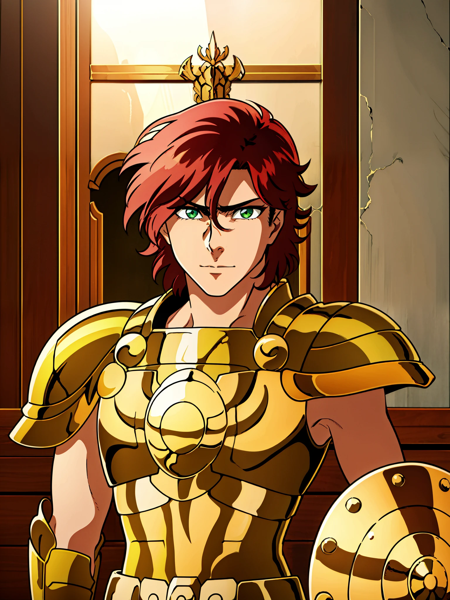 (high-quality, breathtaking),(expressive eyes, perfect face) 1boy, male, solo, red hair, short hair length, green eyes, positive expresion, greek background, portrait, symmetrical eyes, LibraArmor, aarmor, arm_shield, god_cloth, helmet narrow eyes, half open eyes, upper body, charming smile