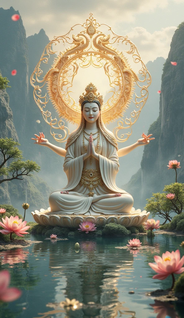 a painting of a woman sitting in a lotus position surrounded by flowers, guanyin, guanyin of the southern seas, goddess of love and peace, sitting on a lotus flower, standing gracefully upon a lotus, white haired deity, goddess of wisdom, ancient chinese goddess, bodhisattva, pink lotus queen, contented female bodhisattva