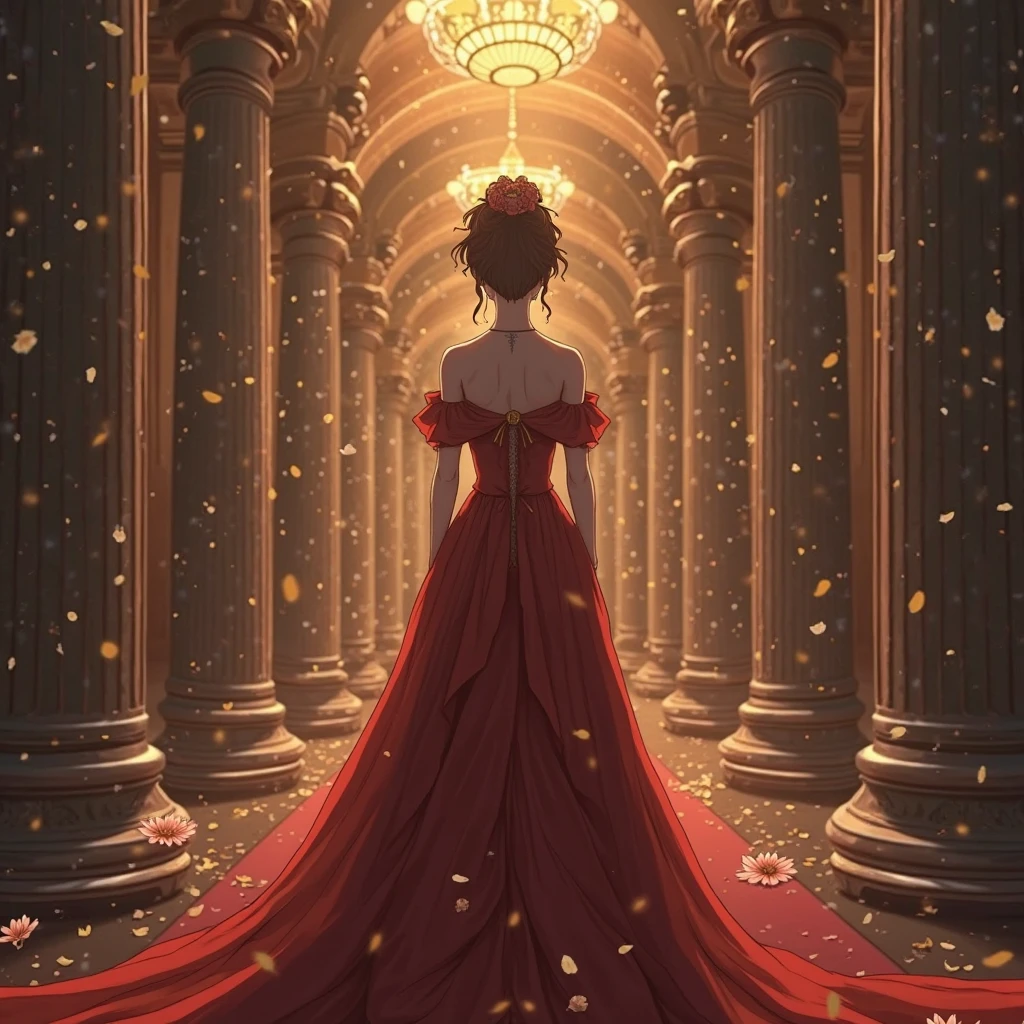 Girl,Wearing a red dress,Black ribbon covers the eyes,Rose in hand,The background is the ancient city,rain