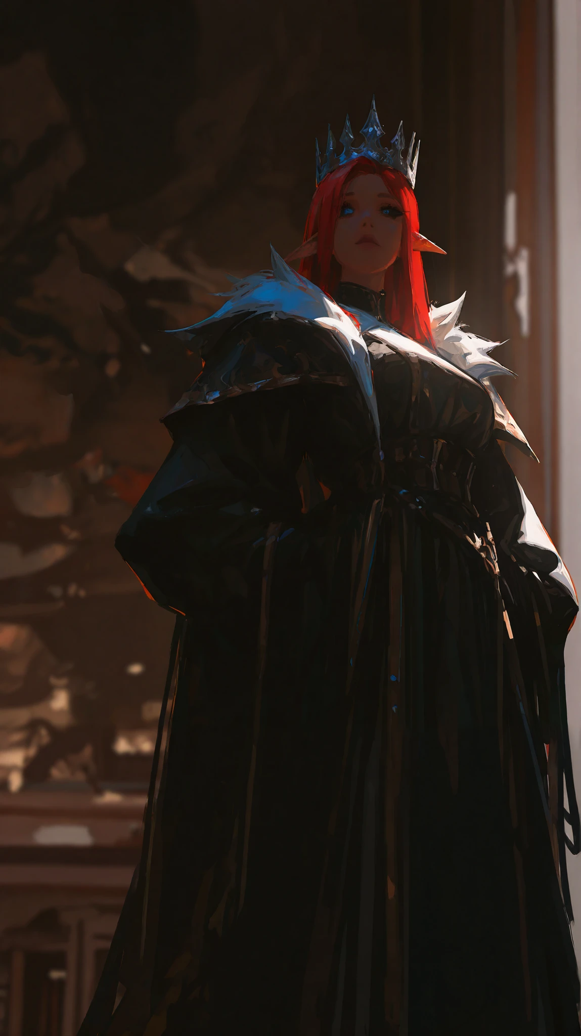 (96yottea:1.2), (kan liu \(666k\):1.1), flat color, spot color, black sclera, blue eyes, film grain, newest, very awa, masterpiece, highres, absurdres, year 2024, year 2023,
Film Still, perspective cinematic shot (long shot:1.1), (depth of field:1.1), facing viewer, from below, atmospheric perspective,
portraiture art of an elf woman queen with elf royal crown, royal fantasy elf traditional clothing, red hair, thick black outlines, character design, character concept art, loose paint, brown-grey background, painterly illustration, highly detailed, cartoonish proportions, glossy straight hair, creative. The illustration has a clean, sharp, and minimalistic aesthetic, with high contrast shadows and bold black outlines. Inspired by fantasy - modern fashion