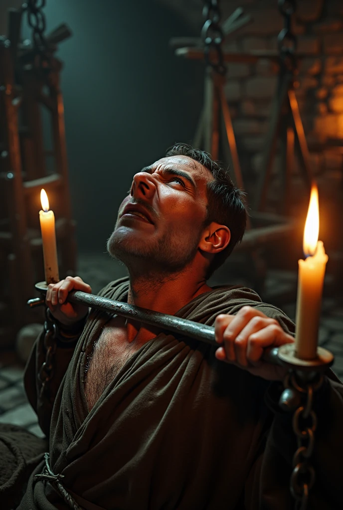 handsome shirtless bro in a dungeon, lit up by candles, dark environment