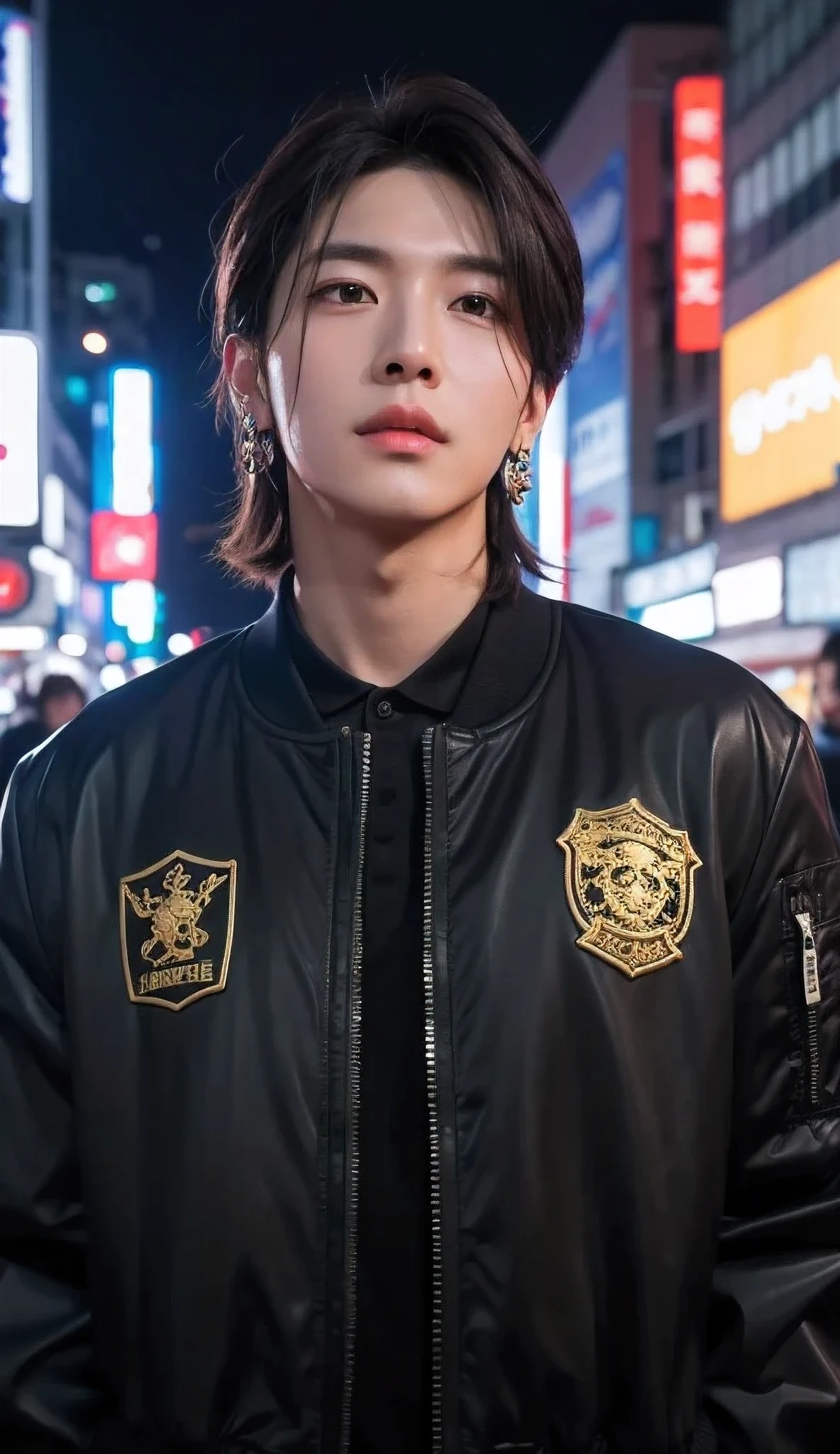 Best quality, masterpiece, a handsome Korean K-pop male singer as a reference for the face, increase skin fairness further, mullet haircut, more prominently, rapper style, wearing a large black bomber jacket with subtle luxurious brand patterns featuring a dragon or tiger in gold, cross or skull earrings, set against a nighttime urban backdrop in Shibuya with blue and purple neon lights, cyberpunk vibe, cinematic scene, photo stock, film noise, dark abd mystery, brown hair,