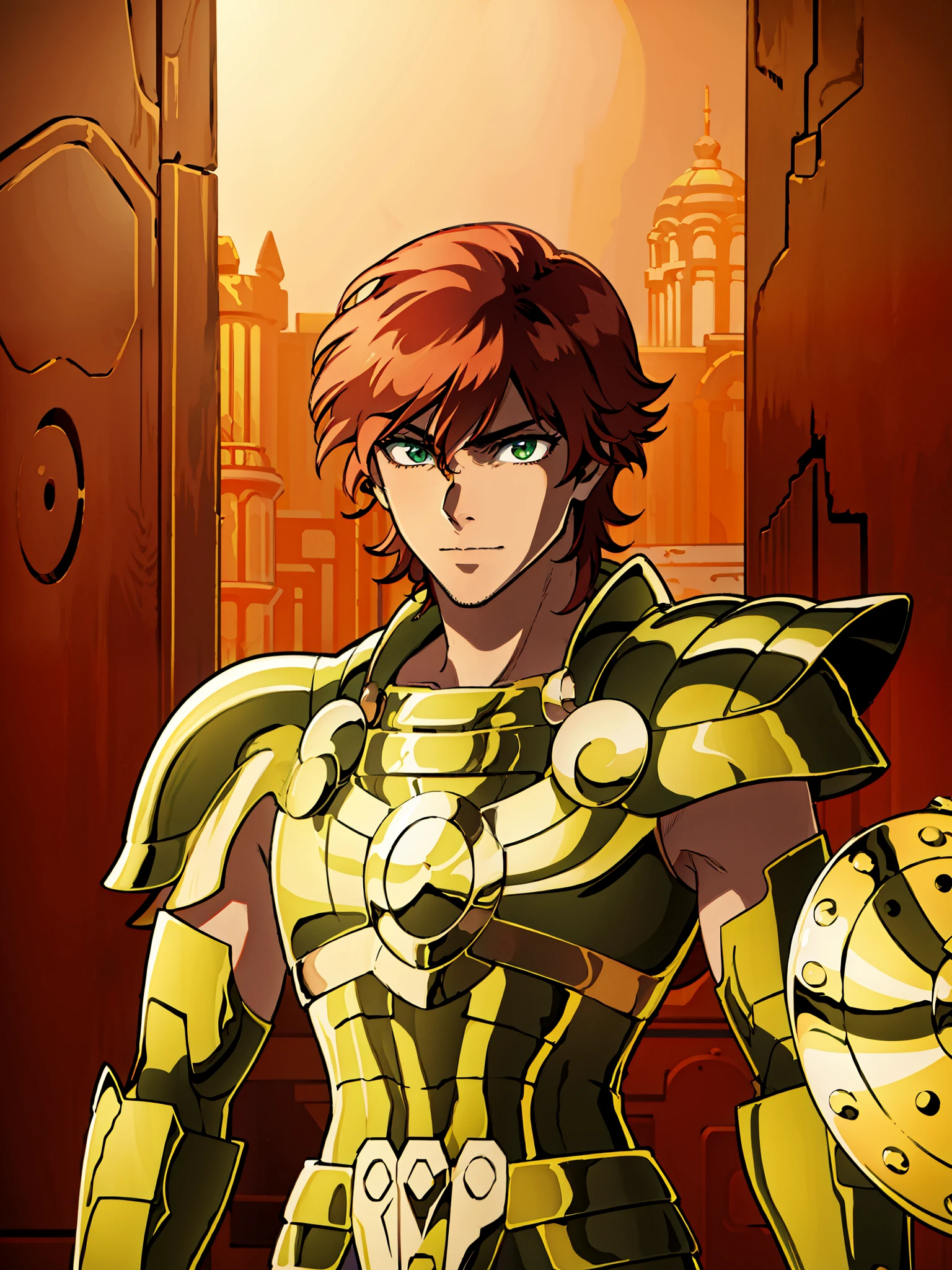 (high-quality, breathtaking),(expressive eyes, perfect face) 1boy, male, solo, red hair, short hair length, green eyes, positive expresion, greek background, portrait, symmetrical eyes, LibraArmor, aarmor, arm_shield, god_cloth, helmet narrow eyes, half open eyes, upper body, charming smile