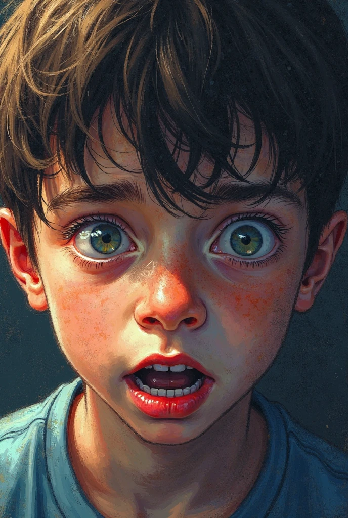 Realistic drawing of an  boy, blond hair green eyes, With a blue shirt, on some dark worn stairs, angry, all dark, at night 