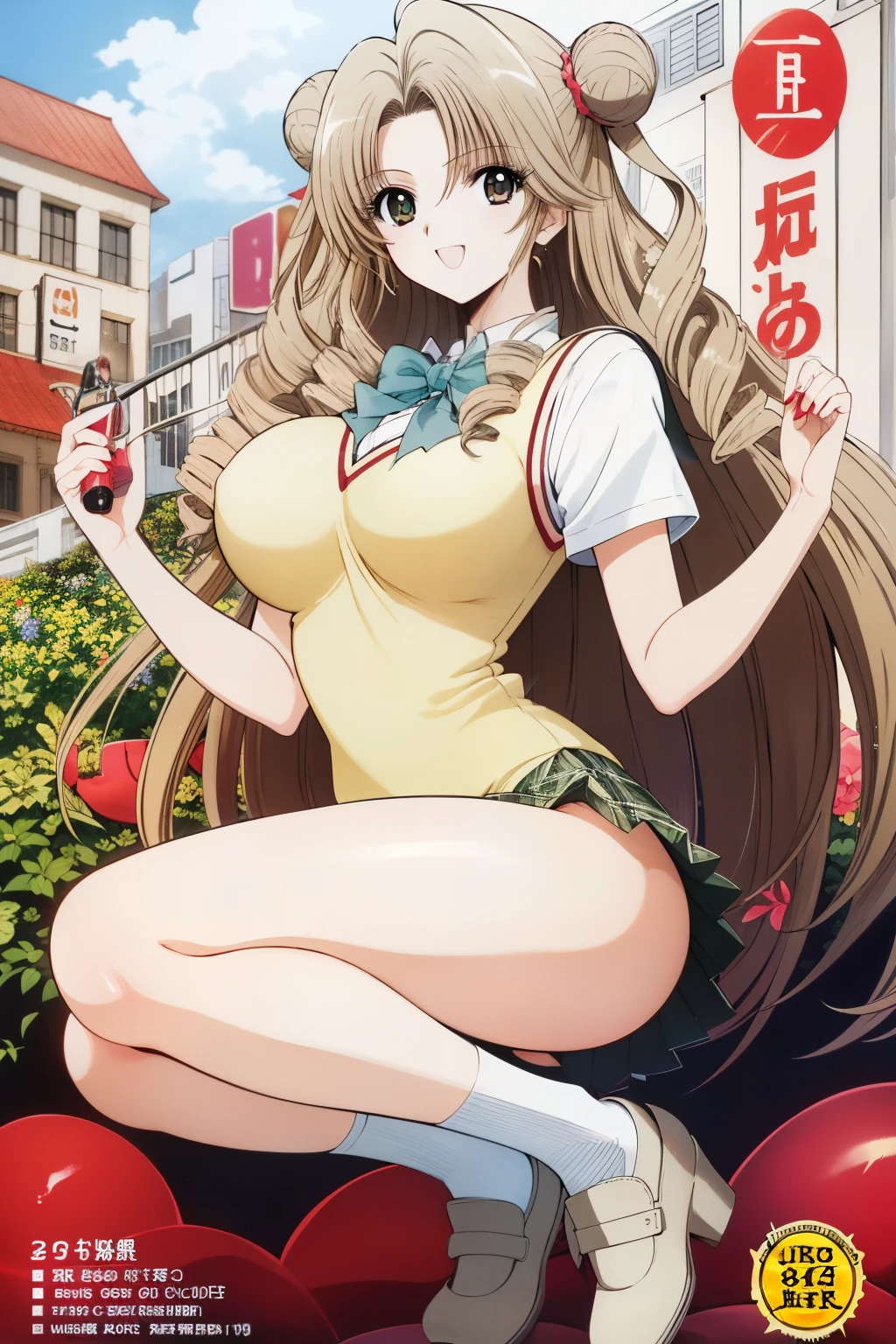 1990s \(  style\), 1990s anime cels   style,  Highest quality ,  high resolution, ( big eyes:1.2),  1 girl, ,  embarrassing, smile, (Big Breasts:1.2), ,masterpiece、 Highest quality 、( 1 girl:1.4)、full body, long hair、blond with a big face、  double bun hair、   drill hair 、 brown eyes、 Wear a black bra and panties with bangs that cover your eyes 、  school uniform、  green tie ,white shirt , sweater vest,  yellow vest、Short sleeve,plaid skirt, super miniskirt, green skirt,slender,busty, put your hands on your lower back, skirt flip, open legs,White panties with full view,Flower Garden、天join साहिमे

