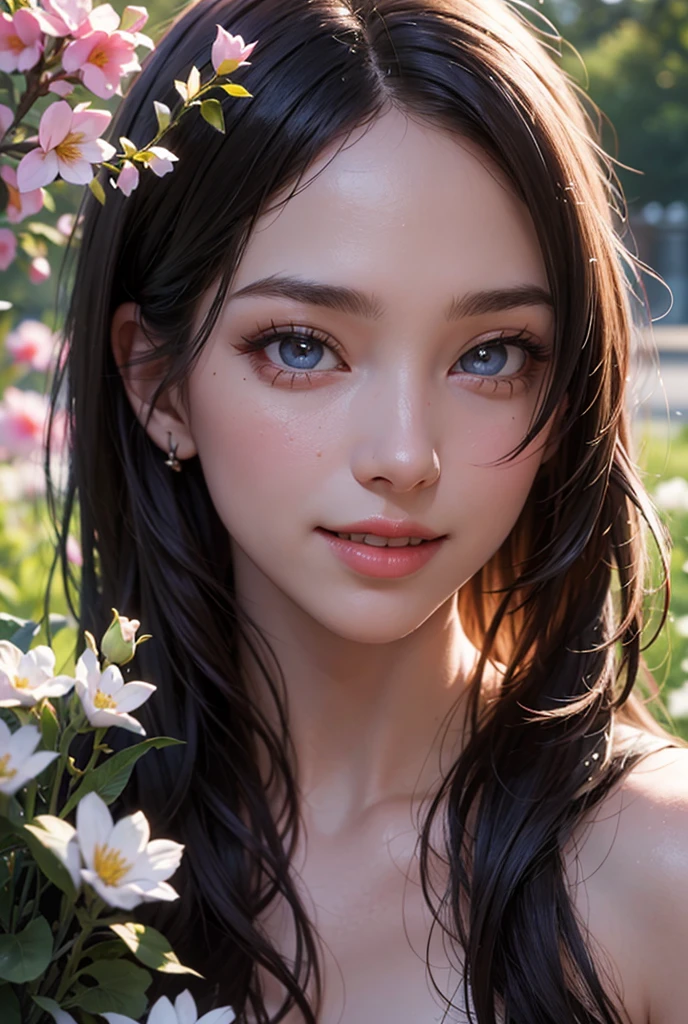 Best quality, masterpiece, ultra high res, (photorealistic:1.4), raw photo, 1girl, wet white dress, off shoulder, blossom flower field, glowing skin, light smile, sagging breasts, {{{{vulgarity}}}}, cumdump, sweat, steam