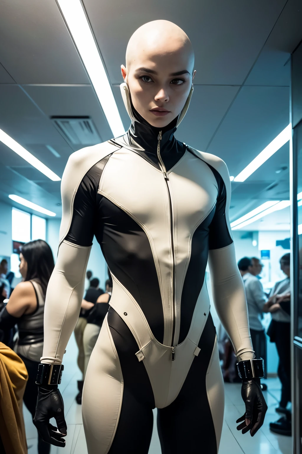A humanoid science-fiction race derived from humans, but evolved into an extraterrestrial environment. Their skin is completely smooth and pale, almost translucent , hairless, transmitting a ethereal and alien appearance. Your eyes are slightly larger than humans, adapted to see in different light spectra. Their features are elegant and symmetrical, with subtle traits that convey serenity and wisdom. They wear light costumes, similar to those of hermits or monks, made of thin and fluid fabrics, in the colors cream, beige and white, with long and minimalist cloaks or tunics. Their costumes have a simple design, but more sophisticated, evoking a spiritualized and contemplative culture, typical of an advanced and peaceful civilization. The setting may be a futuristic environment, with minimalist architecture and technology organically integrated with the environment, or an extraterrestrial desert, reflecting their nomadic and meditative nature. Wearing a futuristic vest.