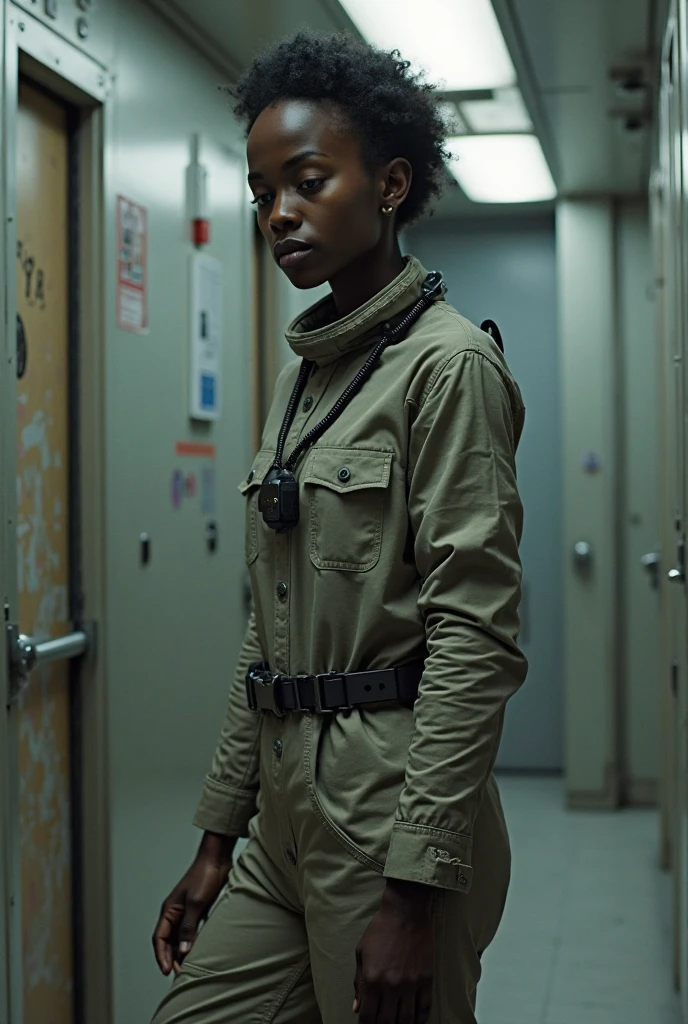 (medium full shot) of (brave ghostbuster) young woman, african, dark skin, black eyes, petite build, medium hazel single braid hair, wearing a grey jumpsuit, equipped with carrying a PKE meter, Ecto goggles, set in a decaying building, with crumbling walls, broken windows, dark hallways, and an ominous feeling , during sunset, woman smiling, ,Masterpiece,best quality, photo, realistic, very aesthetic, detailed face,