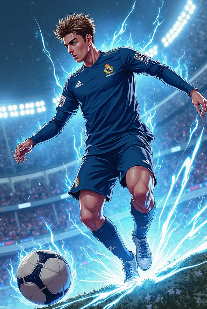 Style & Character:
An anime-style illustration of Real Madrid’s Federico Valverde as a character in the “Blue Lock” universe. Emphasize his real-life facial features—short, light-brown hair parted slightly to the side, focused eyes, and a determined expression.
Outfit & Aura:
He’s wearing a sleek, sharp-angled blue soccer uniform, reminiscent of the futuristic designs seen in Blue Lock. Add bold highlights and vibrant stripes that accentuate motion. Surround him with a powerful, glowing aura of energy—like a neon swirl or electric sparks—to convey intensity.
Action Pose:
Show Valverde in mid-action, delivering a dynamic, powerful shot. His posture should reflect explosive energy, as if he’s channeling all his strength into the strike.
Background & Atmosphere:
Place him in a futuristic stadium environment, filled with dramatic, neon lighting and abstract lines that suggest speed, excitement, and high stakes.
Overall Mood:
The scene should be dramatic, high-energy, and intense, reflecting both Valverde’s relentless playing style and the thrilling, ego-driven spirit of Blue Lock.