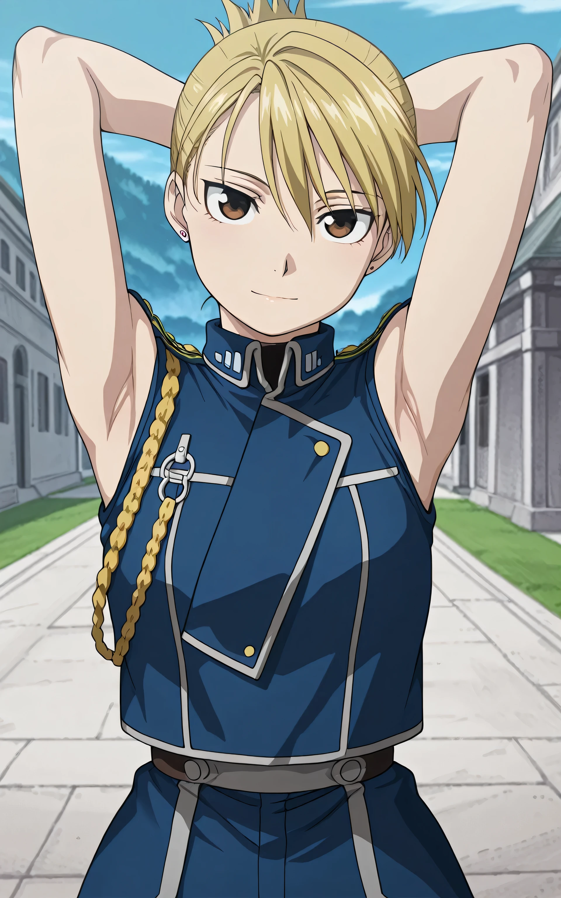 masterpiece, best quality, amazing quality, anime screencap, 1girl, solo, riza, brown eyes, blonde hair, folded ponytail, jewelry, earrings, uniform, military, military uniform, jacket, blue jacket, aiguillette, sleeveless, bare shoulders, bare arms, arms behind head, armpits, head towards viewer, looking at viewer, light smile, closed mouth, front light, outdoors 