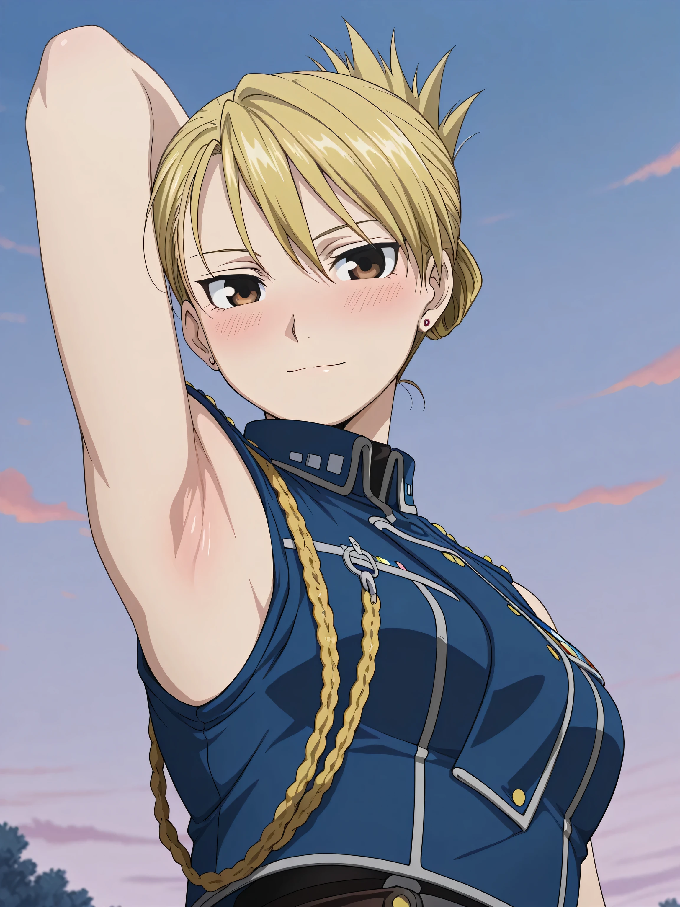 masterpiece, best quality, amazing quality, anime screencap, 1girl, solo, riza, brown eyes, blonde hair, folded ponytail, jewelry, earrings, uniform, military, military uniform, jacket, blue jacket, aiguillette, sleeveless, bare shoulders, bare arms, arm behind head, armpit, head towards viewer, looking at viewer, light smile, closed mouth, front light, outdoors, from side, from below, blush