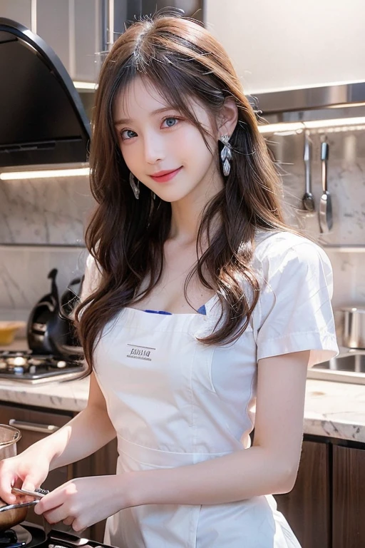 highest quality,masterpiece,Ultra-high resolution, (Realistic:1.4), girl, 18-year-old, (Firm breasts:1.2), (Slim face:1.2, Narrow waist, Thin legs), Charm, look at each other, Dynamic Shot, (Black Choker) , (bangs), Blue Eyes, smile, Big Breasts, ((Naked Apron, White work apron))、very long eyelashes, ((The Ritz-Carlton)), (Nipples:-1), No sleeve、Shooting from the side、slender face、Slim face