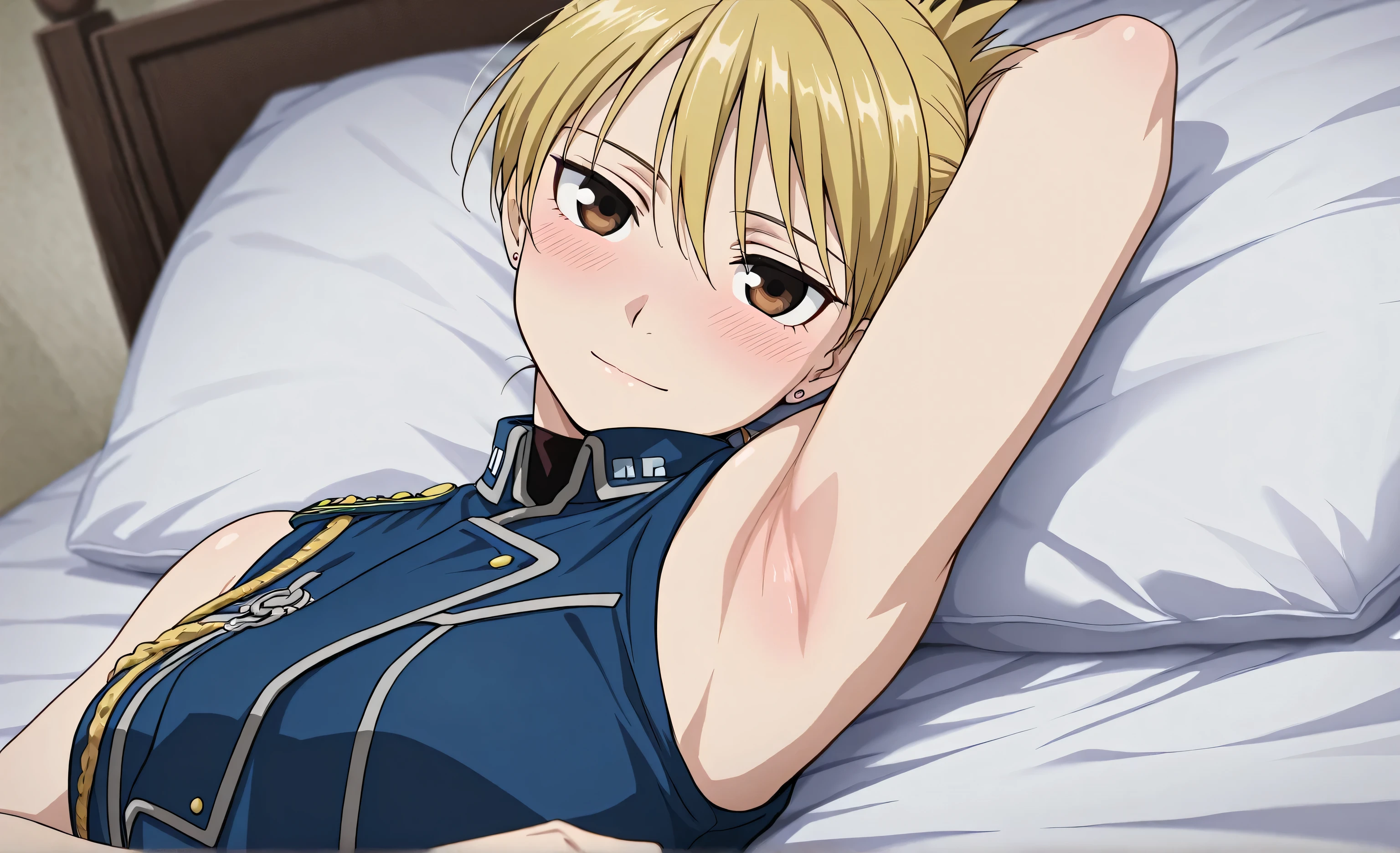 masterpiece, best quality, amazing quality, anime screencap, 1girl, solo, riza, brown eyes, blonde hair, folded ponytail, jewelry, earrings, uniform, military, military uniform, jacket, blue jacket, aiguillette, sleeveless, bare shoulders, bare arms, arm behind head, armpit, head towards viewer, looking at viewer, light smile, closed mouth, front light, blush, lying in bed, from side