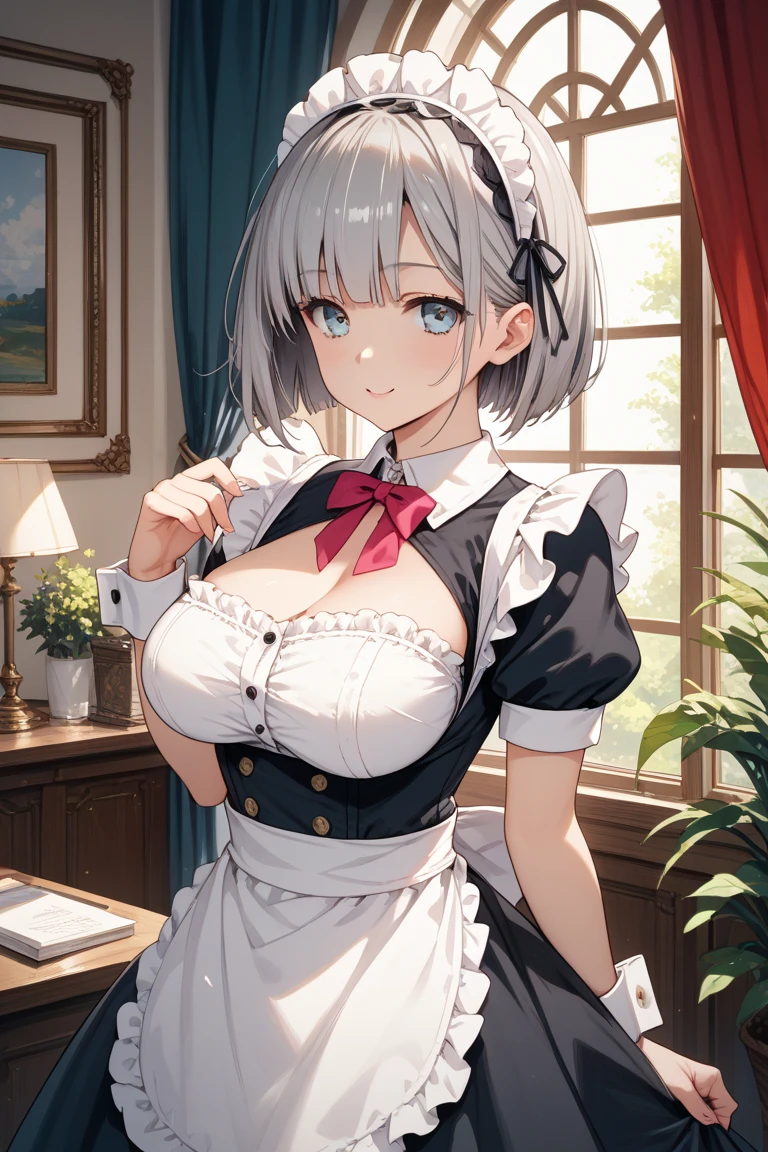 sirius al,short hair,red eyes,white hair,maid outfit,white thighhighs,hairband, maid apron,frill dress,cleavage, (upper body:1.3),open mouth, embarrassed ,blush,(spread legs:1.3),(legs up),(cameltoe:1.3),masterpiece,Noise Reduction,perfect anatomy,high resolution, ultra-detailed,game cg,dutch angle ,beautiful detailed eyes,visualart,five fingers, perfect hands, perfect lighting,