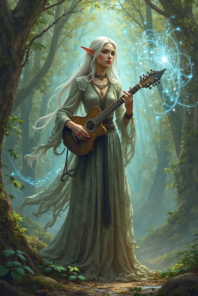 (long shot, full body, low camera angle:1.2). (pale beautiful elf woman playing a magical guitar inscribe with glowing colorful eldritch runes:1.5). (Volumetric fog, Detailed textures, Dynamic, action-packed, photo realistic, sharp focus, high contrast, dark shadows, dramatic lighting:1.1). (Intricate colorful patterns, meditative, highly detailed background:1.1).