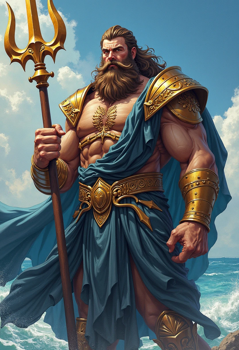 Poseidon, the Greek god of the sea, depicted in a detailed drawing in the ocean, holding his trident. (best quality,ultra-detailed,realistic),god of the sea,mythology,king of the seas,divine power,oceanic scenery,mythological creature,bearded and muscular,godly wrath,sparkling water,rippling waves,underwater kingdom, majestic presence,dominating gaze,powerful stance,magical underwater lighting,vivid colors,rich and lively marine life,nautical theme,deep blue and turquoise tones.