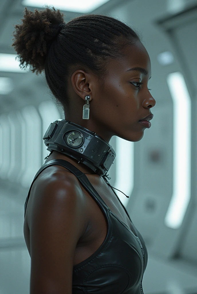 2025  obedient 18 year old legal Registered chattel African female house slave. she wear permanent shockcollar with fridchip. she wear slave space Clothes. She is serving on Space station.  